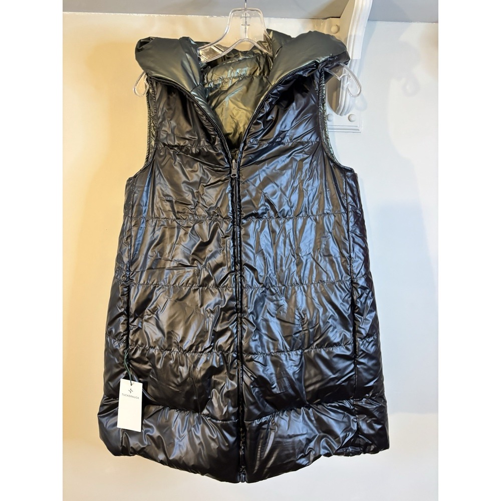 NWT TUCKERNUCK Metallic Black & Sage Reversible Hooded Puffer Vest S Down Filled